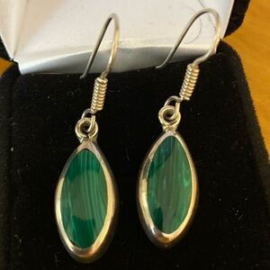 Sterling Silver 925 Mexico Malachite Dangle Drop Earrings Green Oval 6.3g